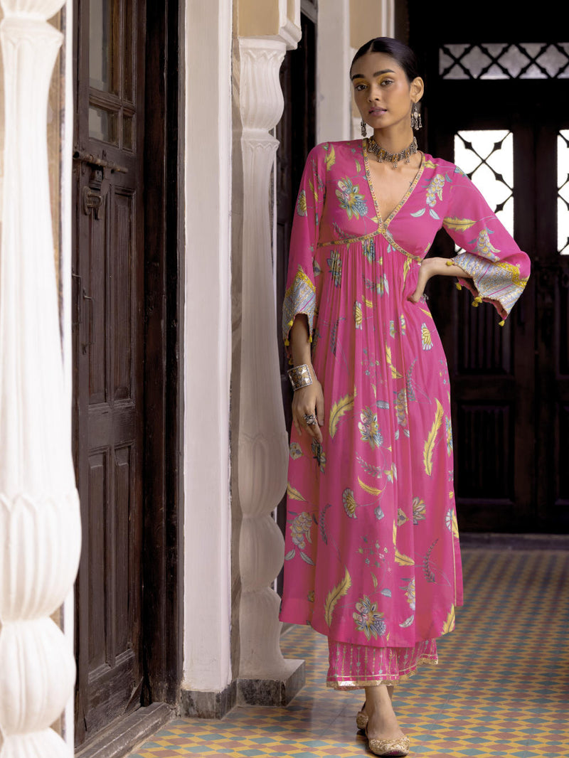Fariba Hot Pink Bell Sleeve Printed Kurta Set Kurta Sets by Rajiramniq for women Worldwide