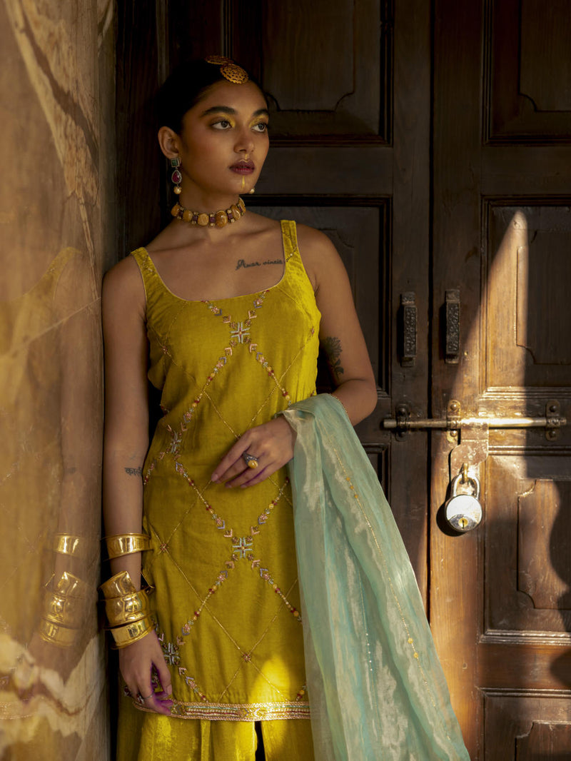 Fariba Yellow Silk Velvet Sharara Set Kurta Sets by Rajiramniq for women Worldwide