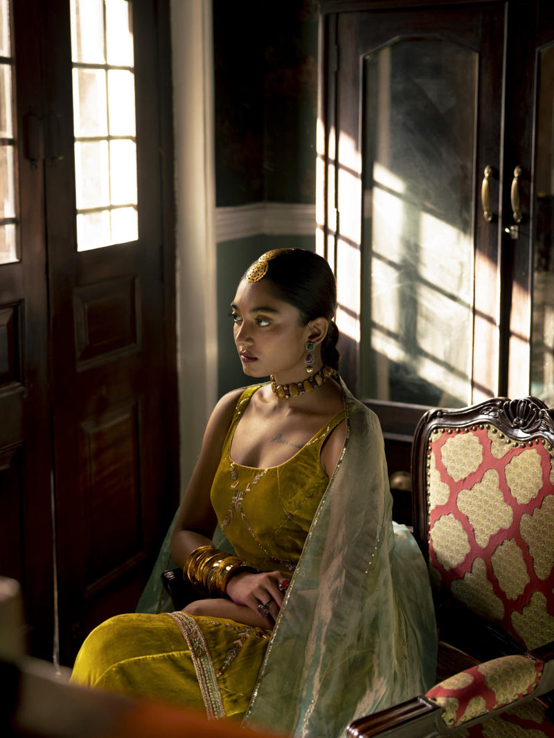 Fariba Yellow Silk Velvet Sharara Set Kurta Sets by Rajiramniq for women Worldwide