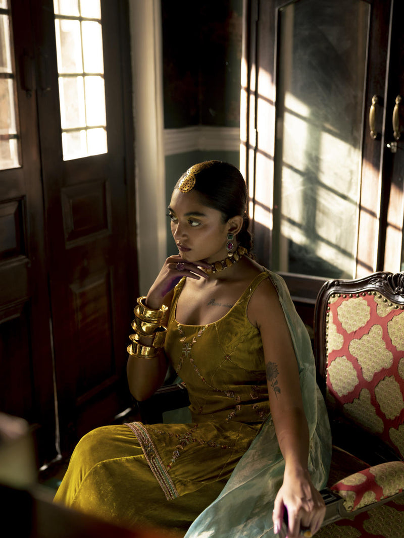 Fariba Yellow Silk Velvet Sharara Set Kurta Sets by Rajiramniq for women Worldwide