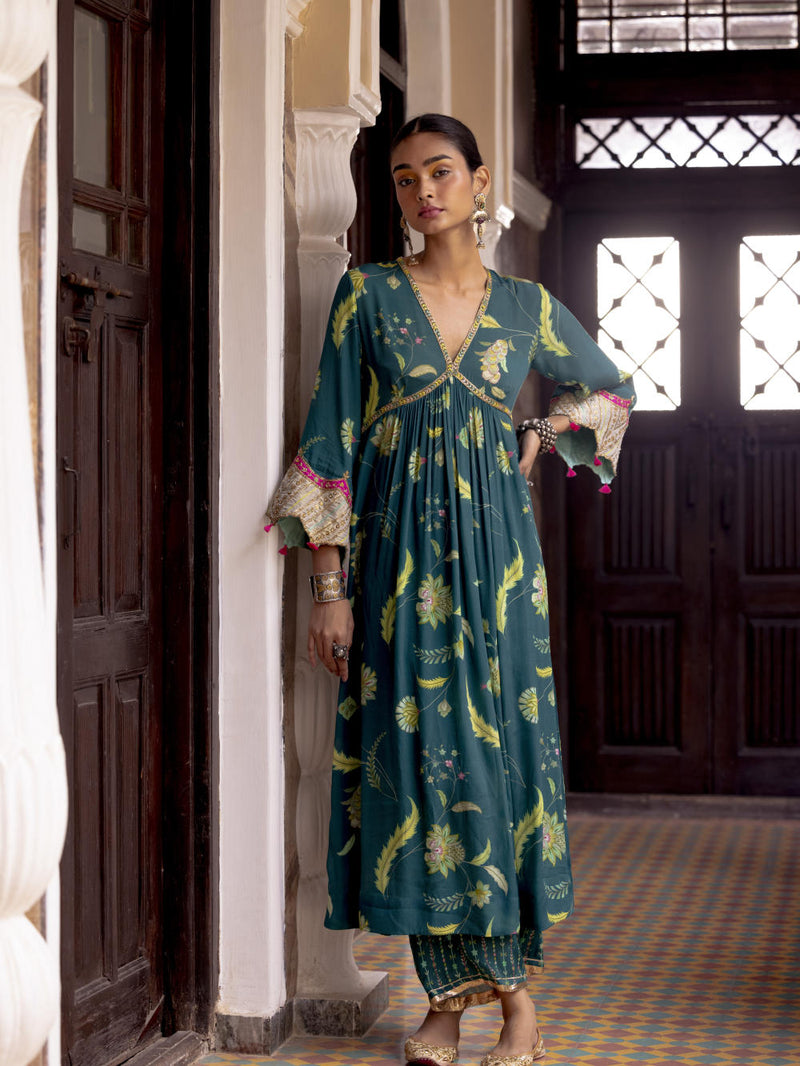 Fariba Teal Bell Sleeve Printed Kurta Set Kurta Sets by Rajiramniq for women Worldwide