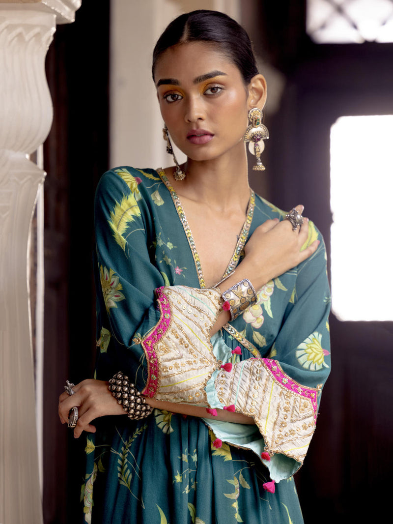 Fariba Teal Bell Sleeve Printed Kurta Set Kurta Sets by Rajiramniq for women Worldwide