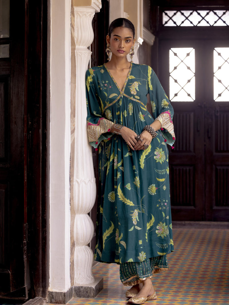 Fariba Teal Bell Sleeve Printed Kurta Set Kurta Sets by Rajiramniq for women Worldwide