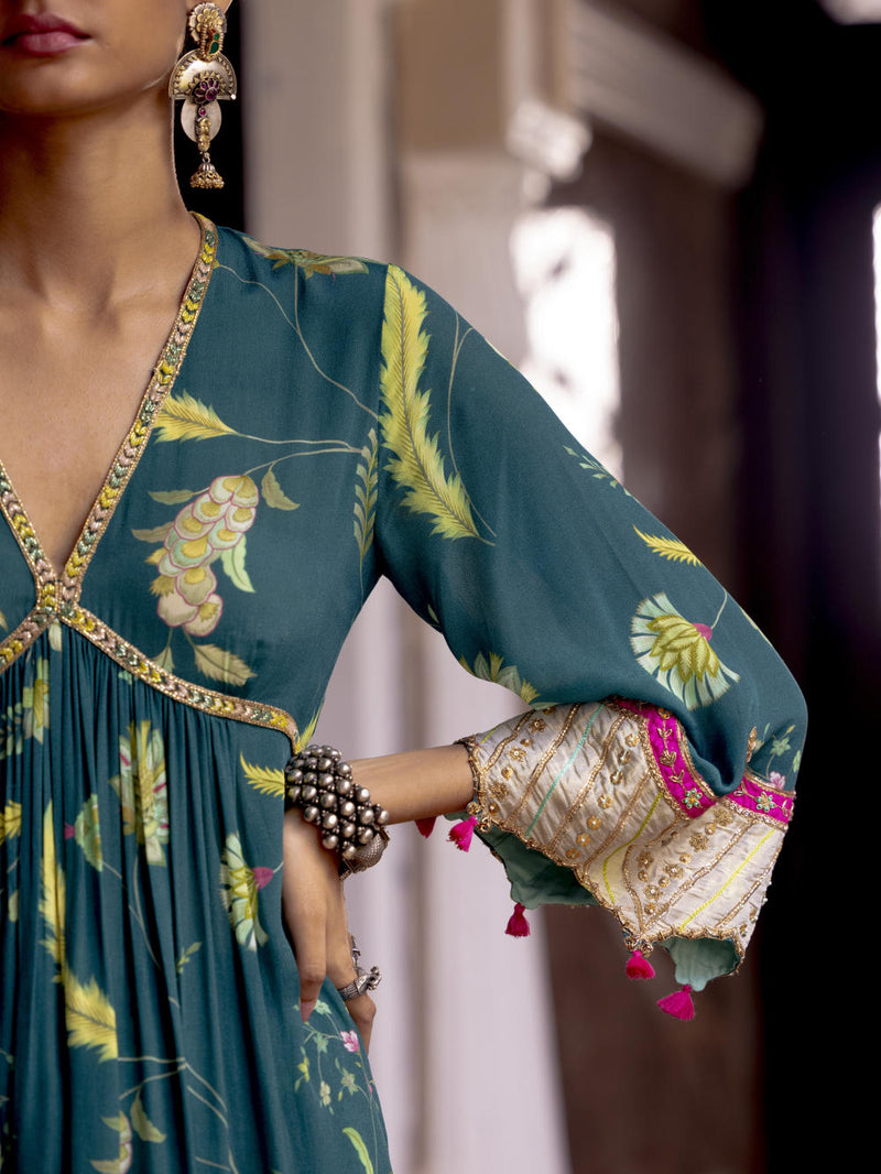 Fariba Teal Bell Sleeve Printed Kurta Set Kurta Sets by Rajiramniq for women Worldwide