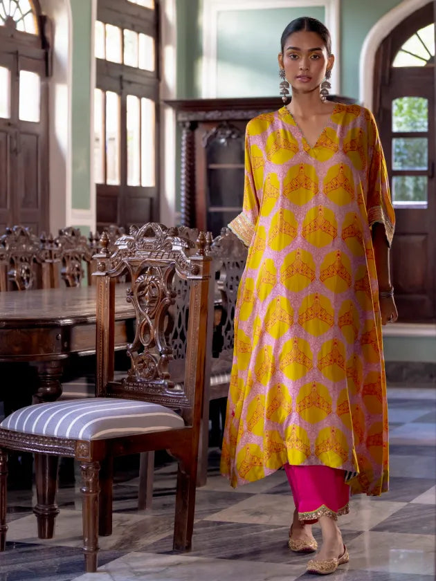 Fariba Yellow Kaftan Kurta Set Kurta Sets by Rajiramniq for women Worldwide