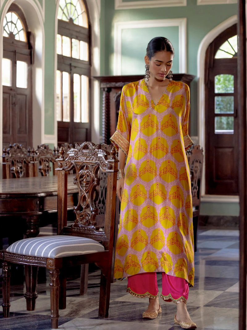 Fariba Yellow Kaftan Kurta Set Kurta Sets by Rajiramniq for women Worldwide