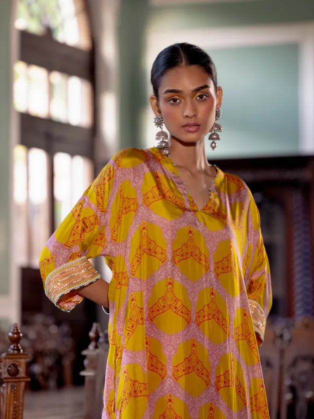 Fariba Yellow Kaftan Kurta Set Kurta Sets by Rajiramniq for women Worldwide