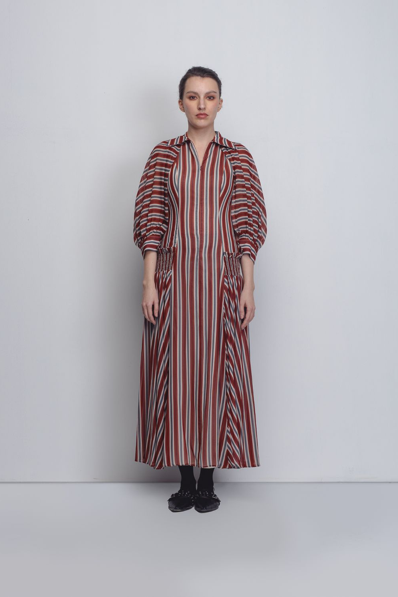 Farah Dress - Rust / Black / Off - White Stripes by Leh Studios in rust color for women Worldwide