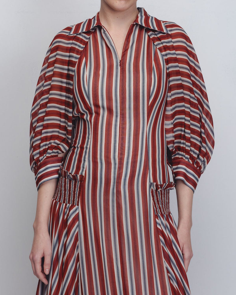 Farah Dress - Rust / Black / Off - White Stripes by Leh Studios in rust color for women Worldwide