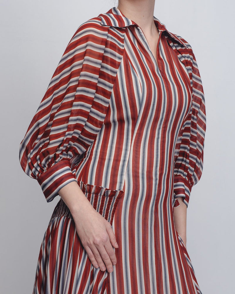 Farah Dress - Rust / Black / Off - White Stripes by Leh Studios in rust color for women Worldwide
