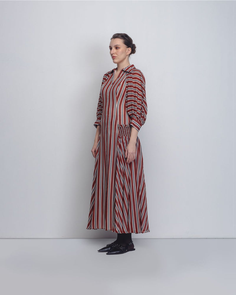 Farah Dress - Rust / Black / Off - White Stripes by Leh Studios in rust color for women Worldwide