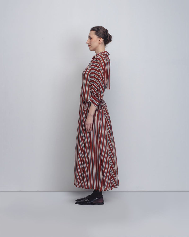 Farah Dress - Rust / Black / Off - White Stripes by Leh Studios in rust color for women Worldwide