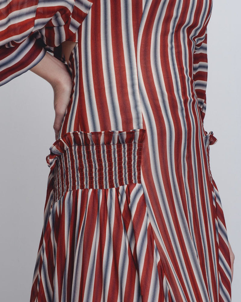 Farah Dress - Rust / Black / Off - White Stripes by Leh Studios in rust color for women Worldwide