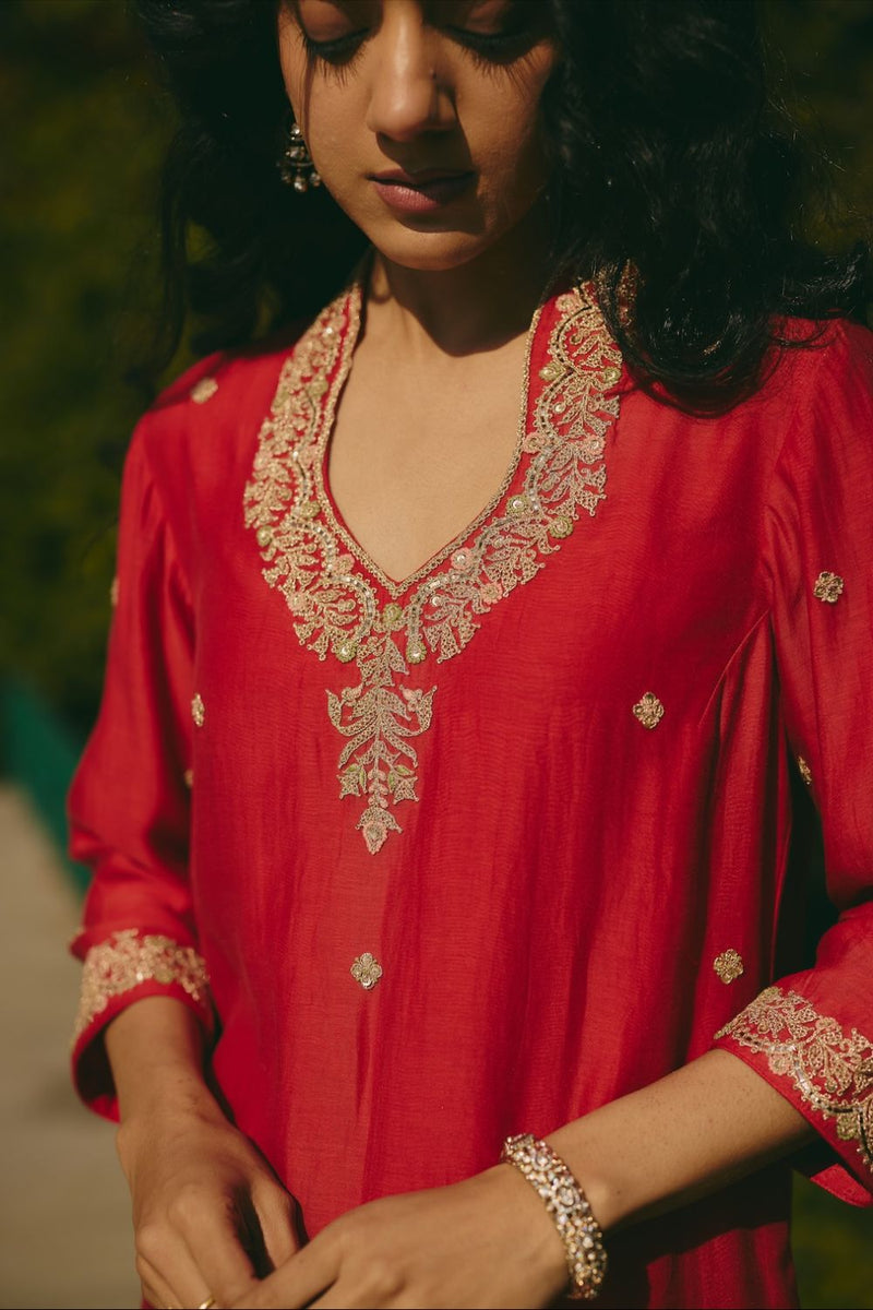 FARIHA & NAZEERA KURTA & PANT chanderi by Rashika Mittal in red color for women Worldwide