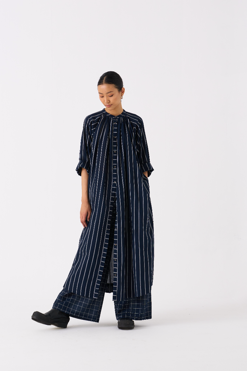 GATHER NECK SHIRT-BLACK STRIPE mul by THREE in black color for women Worldwide