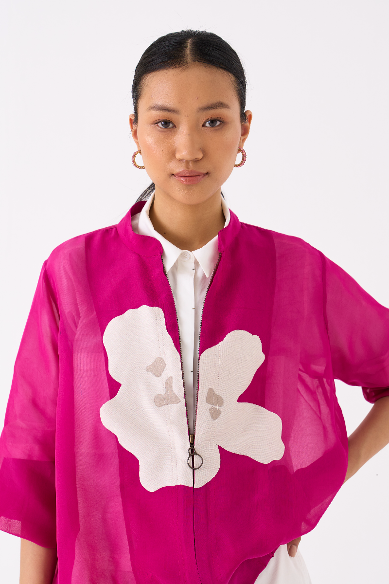 FLORAL APPLIQUE BOMBER JACKET CO-ORD (SET OF 3)-FUSCHIA poplin by THREE for women Worldwide