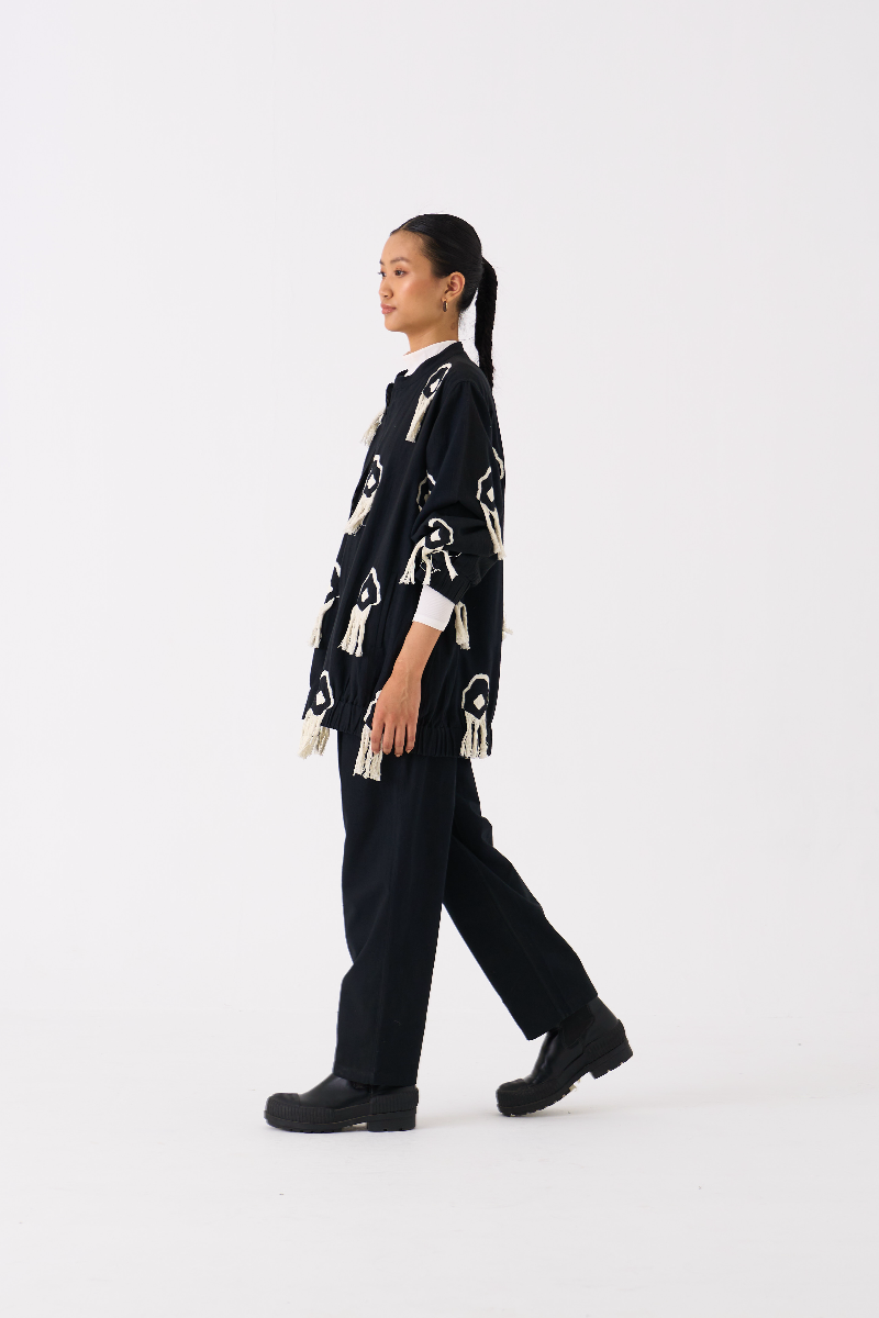 FRINGE BOMBER JACKET CO-ORD 
(SET OF 2)-BLACK by THREE in black color for women Worldwide