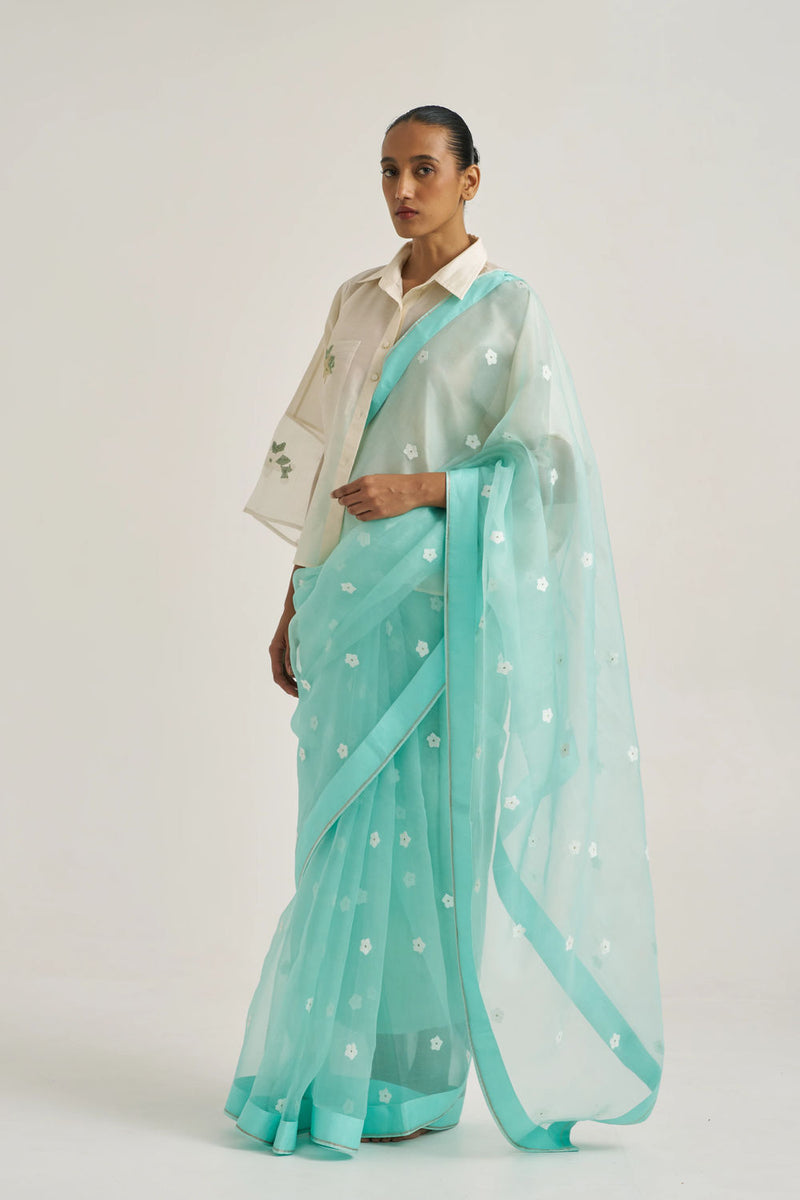 Femmora Sari-Blue handwoven organza silk by Suparna Som in blue for women Worldwide