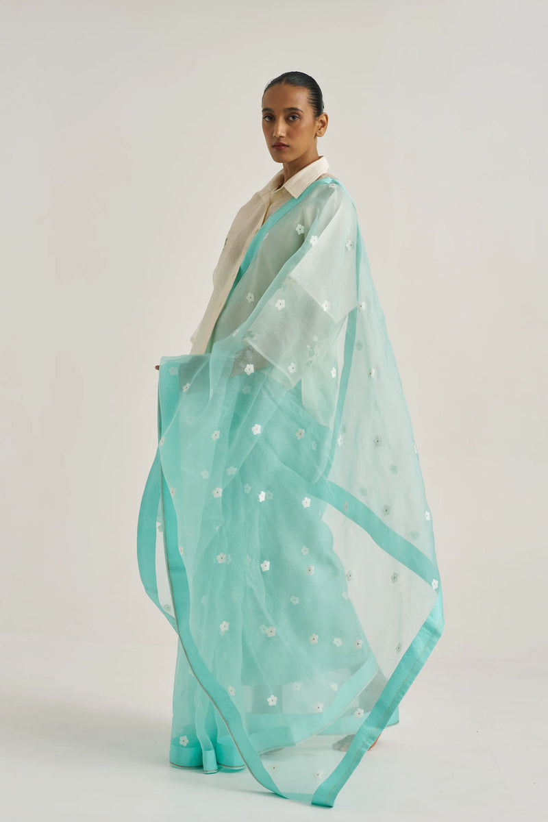 Femmora Sari-Blue handwoven organza silk by Suparna Som in blue for women Worldwide