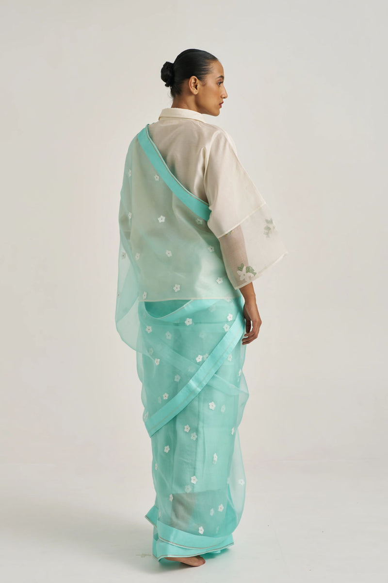 Femmora Sari-Blue handwoven organza silk by Suparna Som in blue for women Worldwide