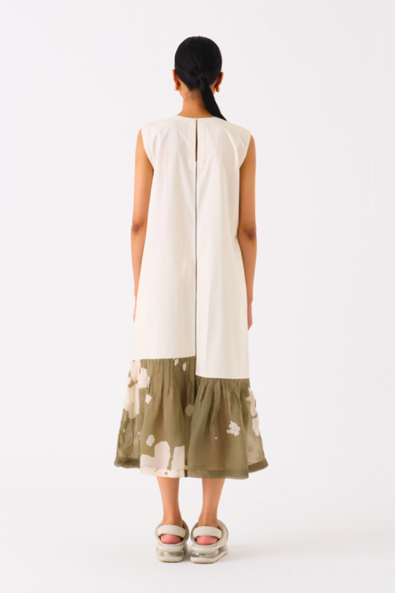 FLORAL PANELLED DRESS-IVORY/OLIVE poplin by THREE in olive color for women Worldwide