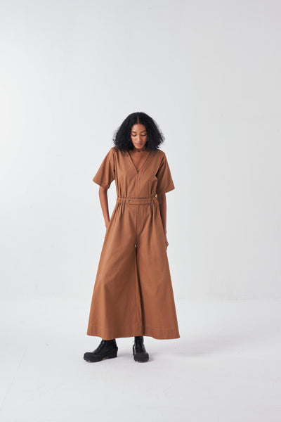 SIDE ELASTIC WAIST JUMPSUIT-SAND