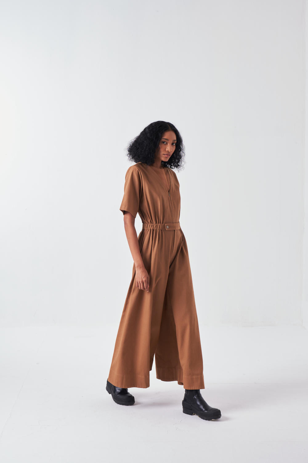 SIDE ELASTIC WAIST JUMPSUIT-SAND