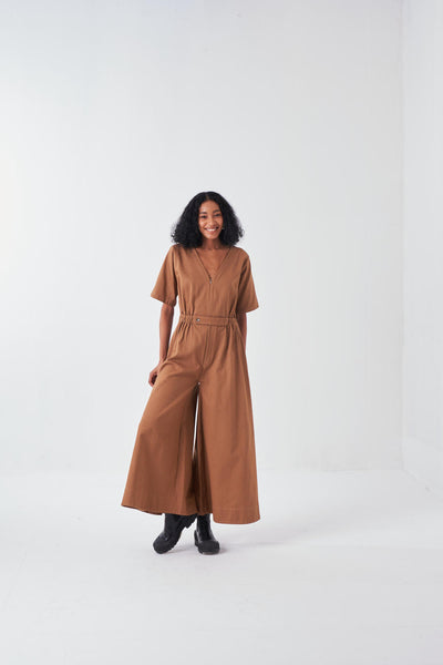 SIDE ELASTIC WAIST JUMPSUIT-SAND