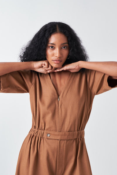 SIDE ELASTIC WAIST JUMPSUIT-SAND