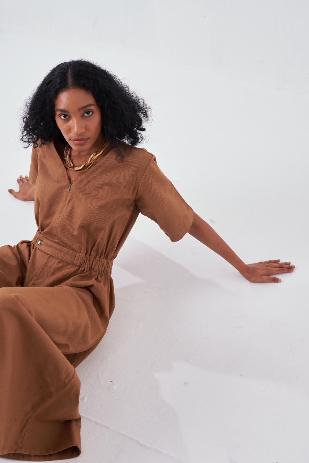 SIDE ELASTIC WAIST JUMPSUIT-SAND