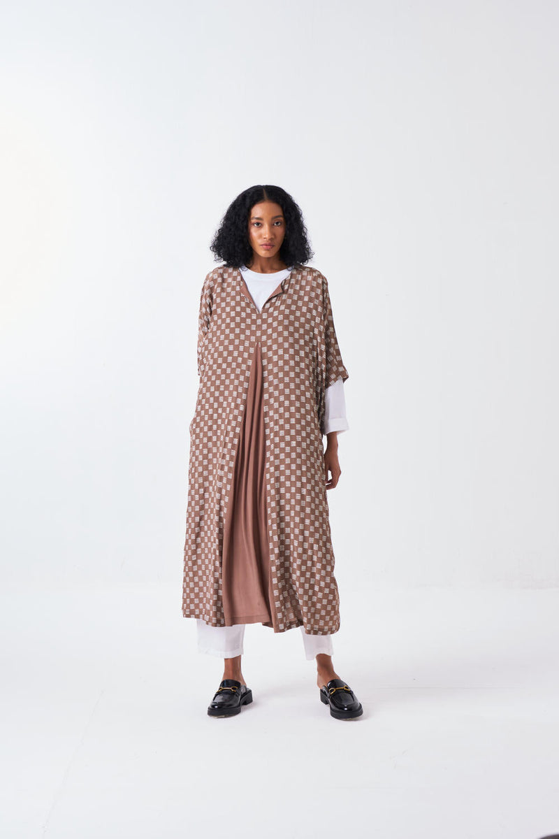 ALL OVER BRICK PRINT KAFTAAN CO-ORD: CEDAR BRICK PRINT & WHITE (SET OF 3) poplin by THREE for women Worldwide