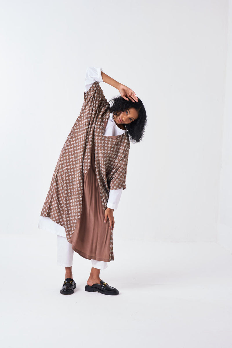 ALL OVER BRICK PRINT KAFTAAN CO-ORD: CEDAR BRICK PRINT & WHITE (SET OF 3) poplin by THREE for women Worldwide