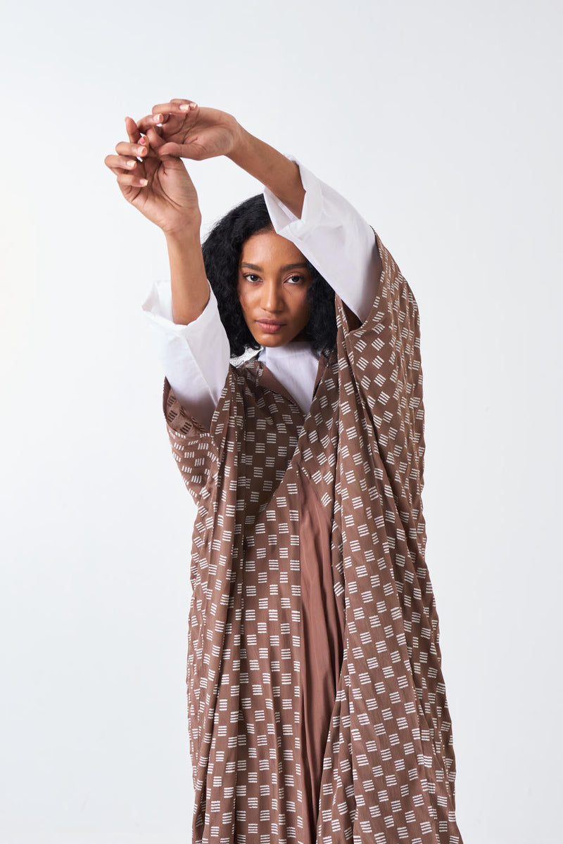 ALL OVER BRICK PRINT KAFTAAN CO-ORD: CEDAR BRICK PRINT & WHITE (SET OF 3) poplin by THREE for women Worldwide
