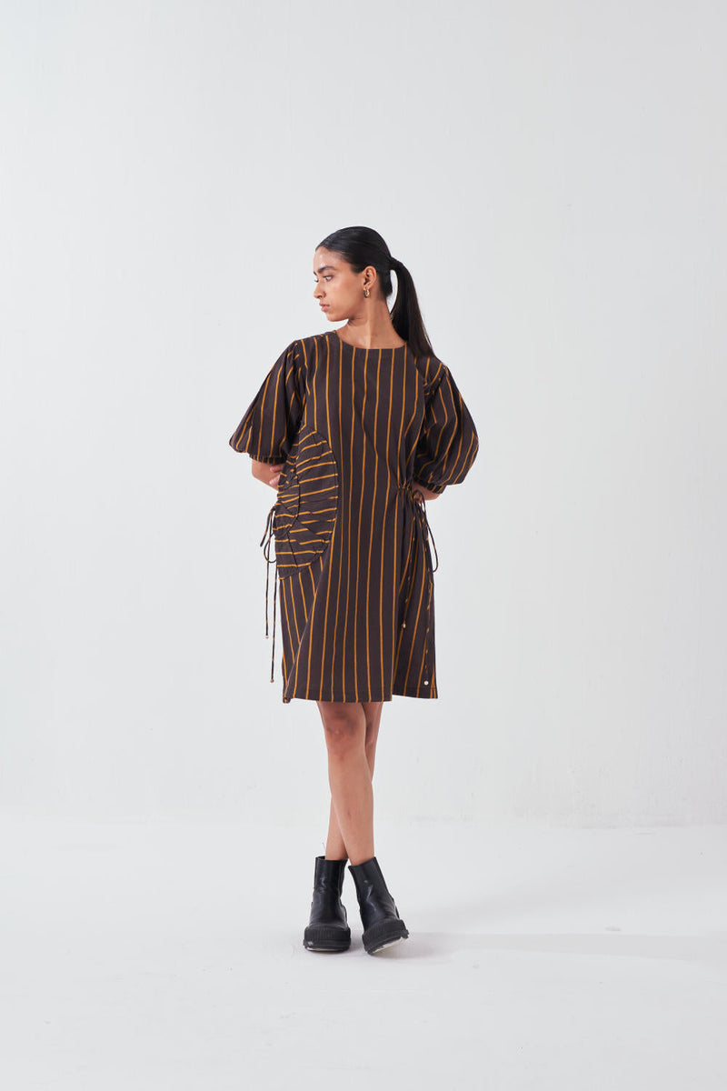 MULTI-DRAWSTRING SHORT DRESS-CHARCOAL STRIPE cotton by THREE for women Worldwide