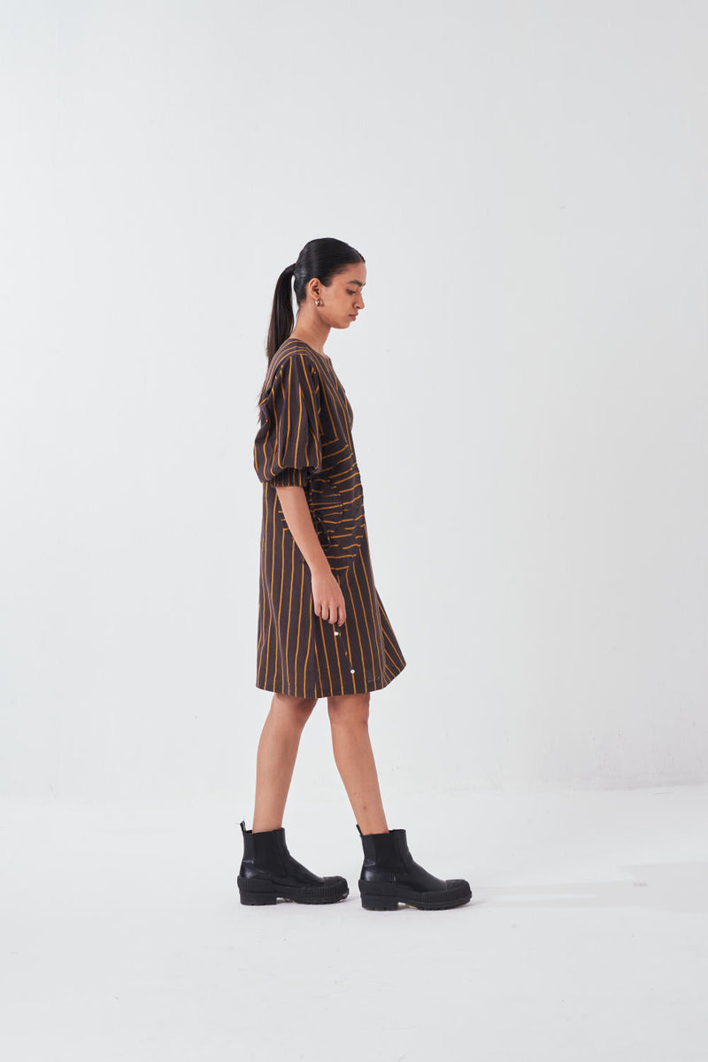 MULTI-DRAWSTRING SHORT DRESS-CHARCOAL STRIPE cotton by THREE for women Worldwide