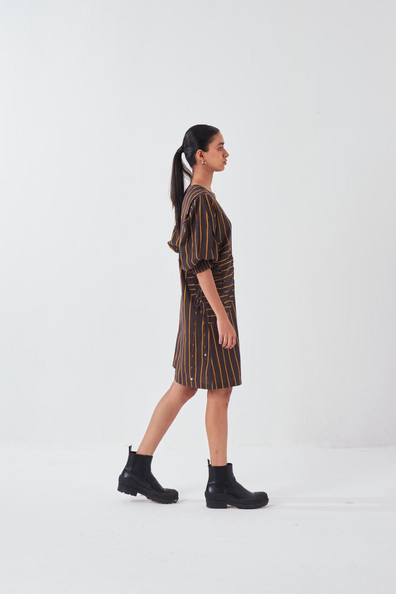 MULTI-DRAWSTRING SHORT DRESS-CHARCOAL STRIPE cotton by THREE for women Worldwide