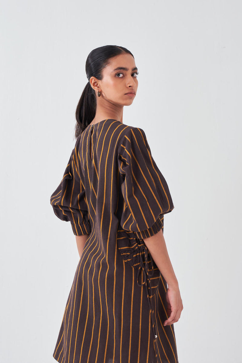 MULTI-DRAWSTRING SHORT DRESS-CHARCOAL STRIPE cotton by THREE for women Worldwide