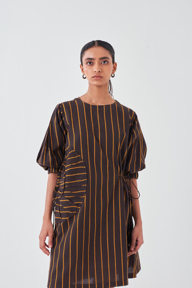 MULTI-DRAWSTRING SHORT DRESS-CHARCOAL STRIPE cotton by THREE for women Worldwide