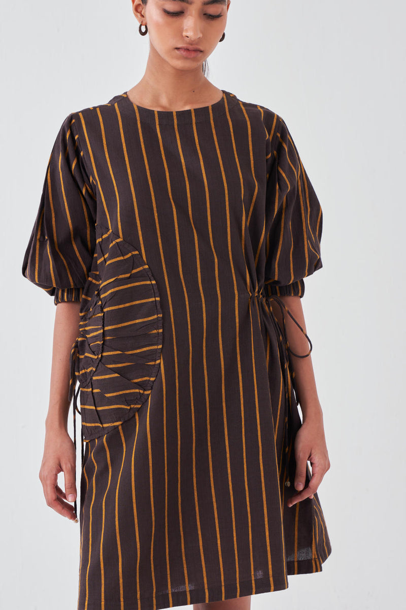 MULTI-DRAWSTRING SHORT DRESS-CHARCOAL STRIPE cotton by THREE for women Worldwide