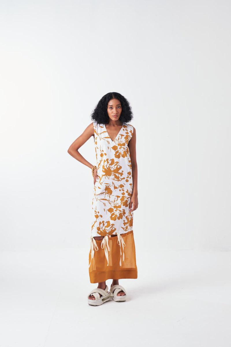 SELF TIE DRESS -MUSTARD FLORAL poplin by THREE for women Worldwide