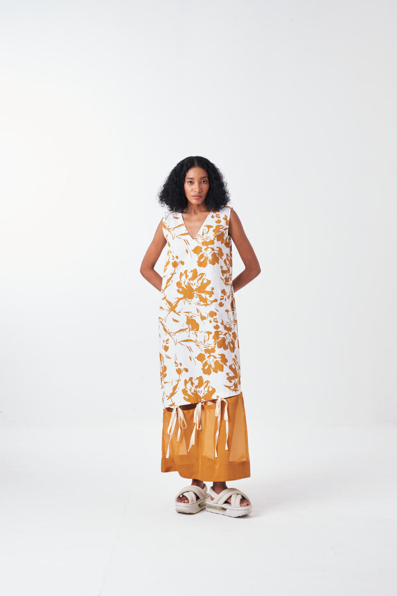 SELF TIE DRESS -MUSTARD FLORAL poplin by THREE for women Worldwide