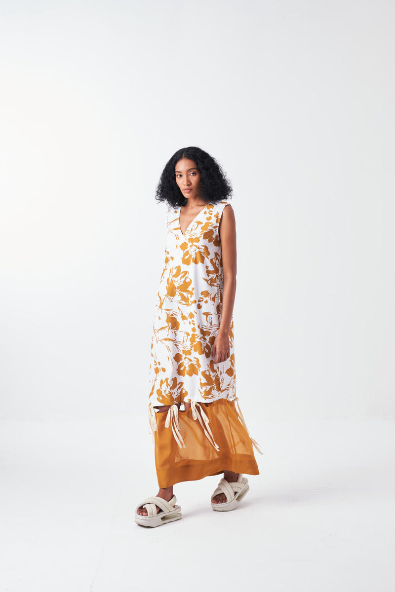 SELF TIE DRESS -MUSTARD FLORAL poplin by THREE for women Worldwide