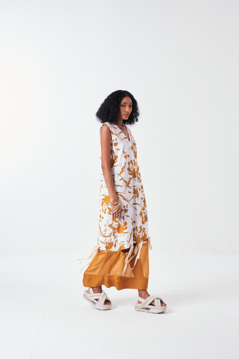 SELF TIE DRESS -MUSTARD FLORAL poplin by THREE for women Worldwide