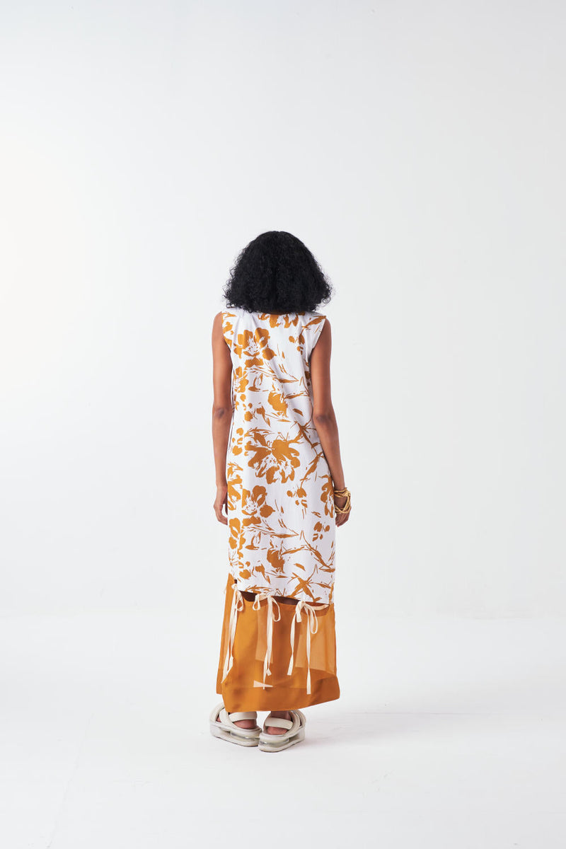 SELF TIE DRESS -MUSTARD FLORAL poplin by THREE for women Worldwide