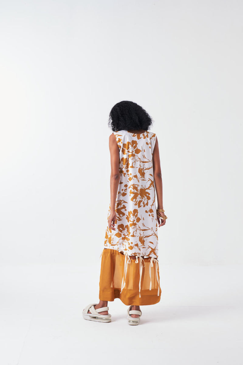 SELF TIE DRESS -MUSTARD FLORAL poplin by THREE for women Worldwide
