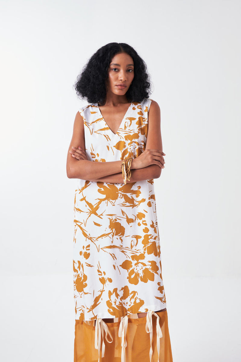 SELF TIE DRESS -MUSTARD FLORAL poplin by THREE for women Worldwide