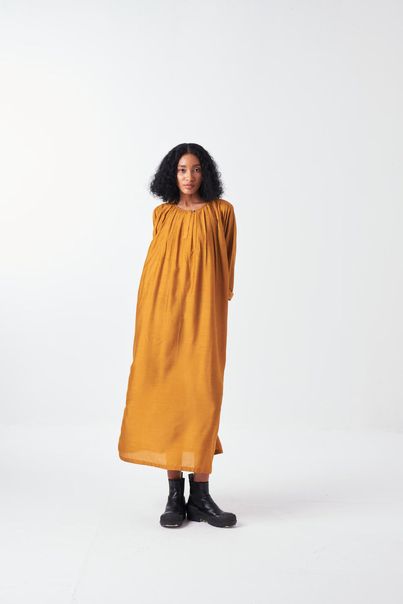 GATHER NECK DRESS-MUSTARD bemberg by THREE for women Worldwide