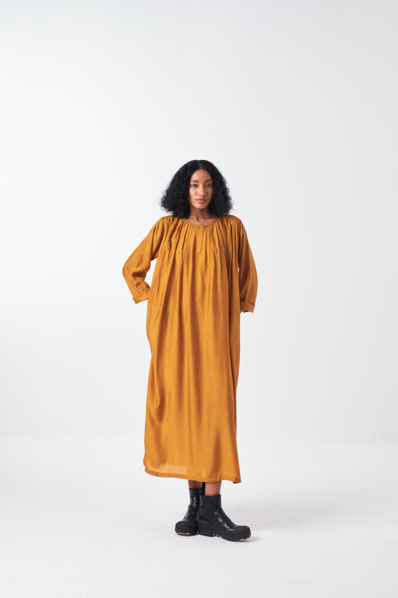 GATHER NECK DRESS-MUSTARD bemberg by THREE for women Worldwide