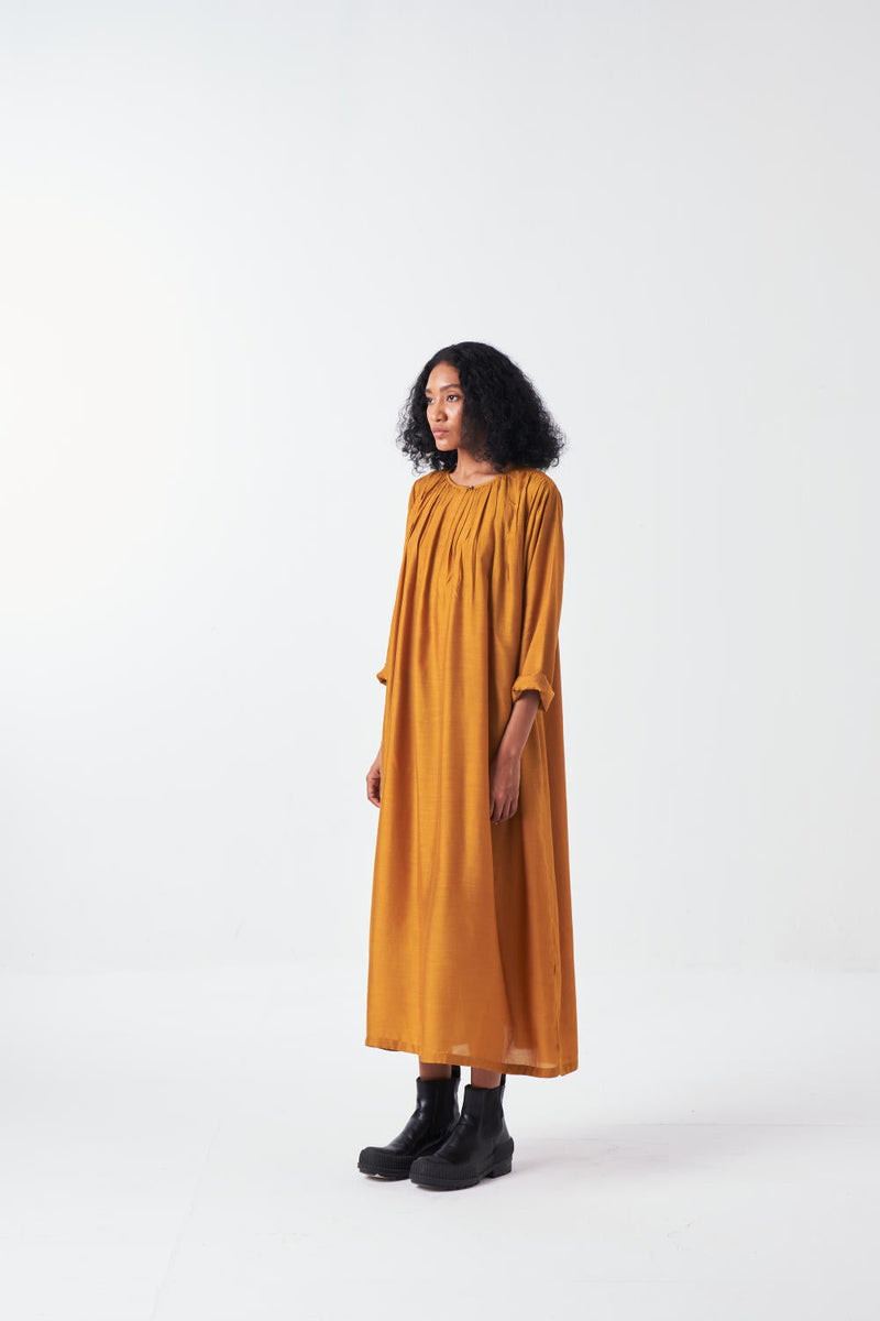 GATHER NECK DRESS-MUSTARD bemberg by THREE for women Worldwide