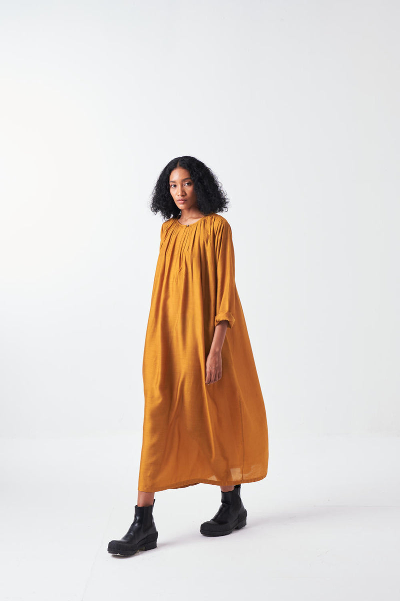 GATHER NECK DRESS-MUSTARD bemberg by THREE for women Worldwide
